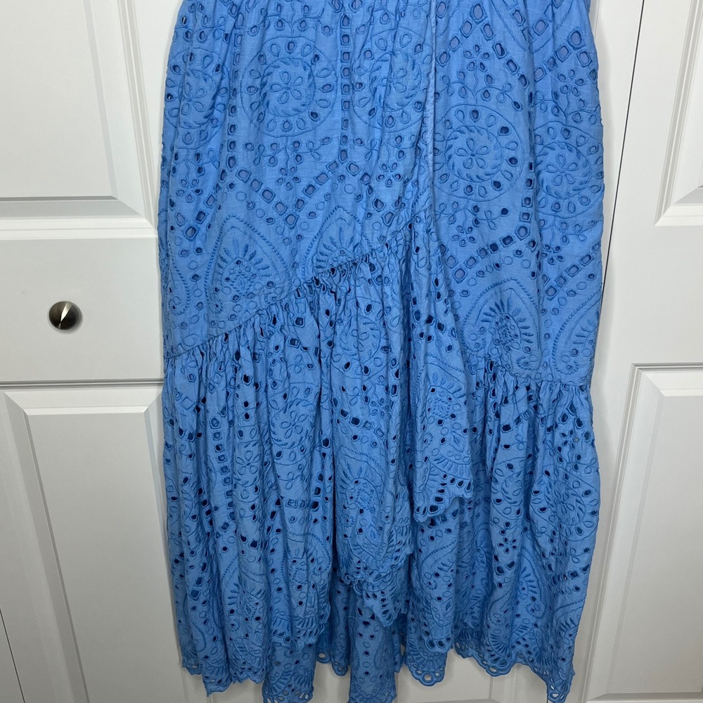 Maeve Anthropologie Blue Eyelet Midi Dress Size 12 Tie Waist Boho - Picture 8 of 15